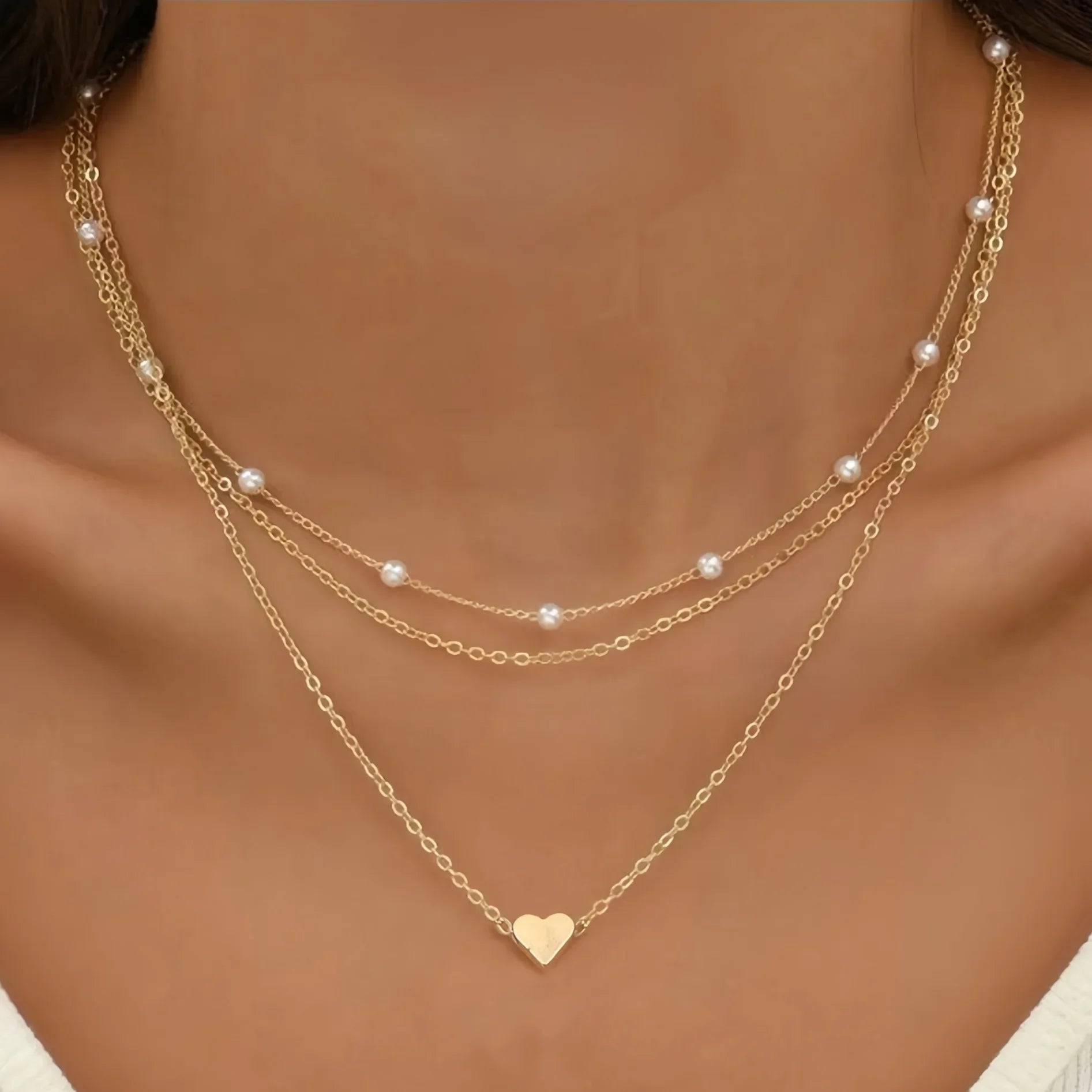 Layered Heart Pendant Necklace with Geometric Double Heart Charms