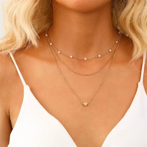 Layered Heart Pendant Necklace – Geometric Double Chain