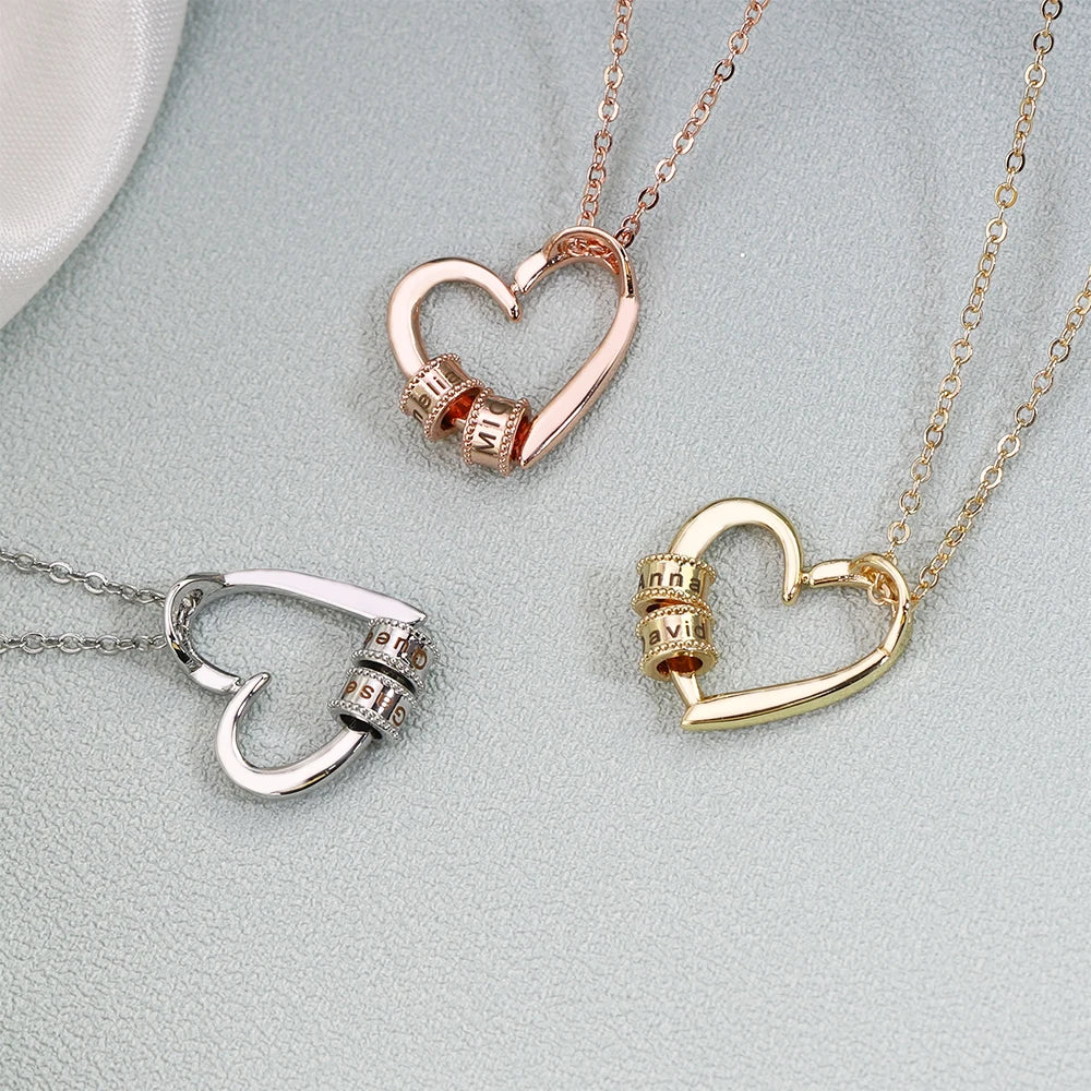 Charming Heart Engraved Necklace with Personalized Beads