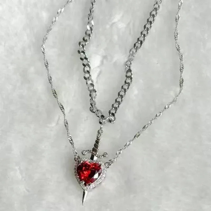 Silver theme necklace pendant with sword and heart