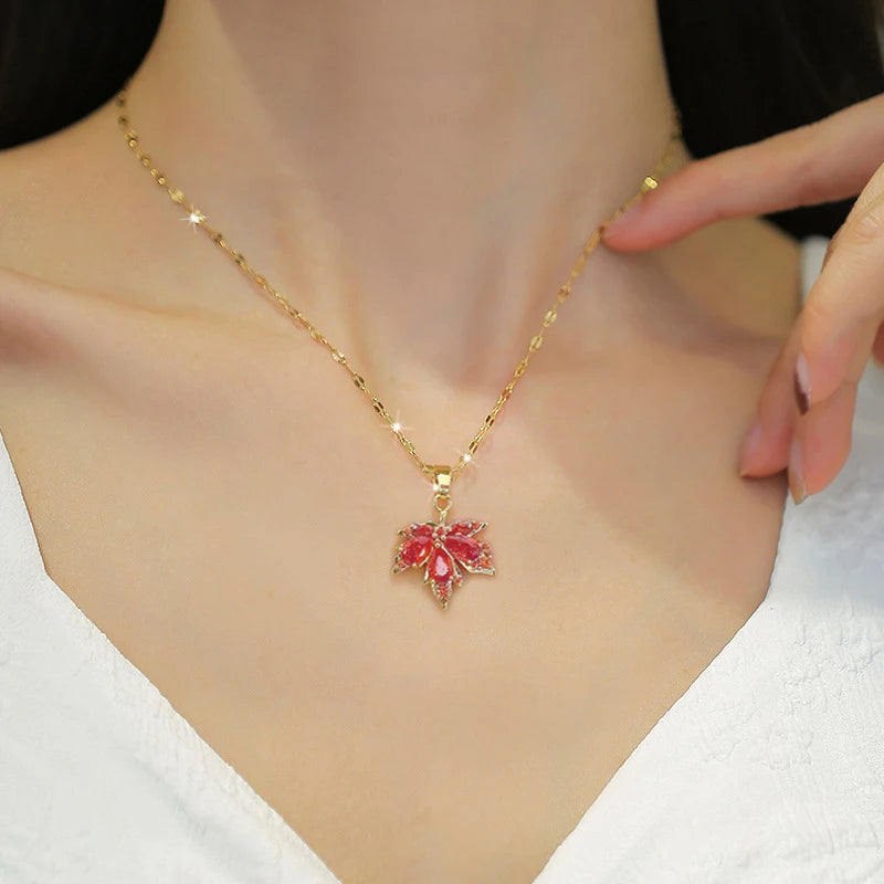 Micro-Inlaid Zircon Leaf Necklace For Women Stainless Steel