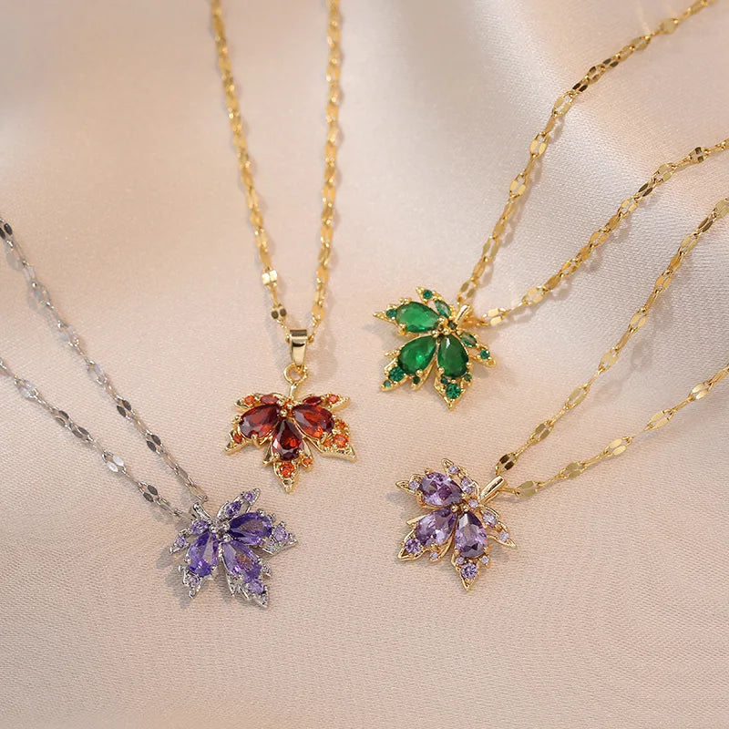 Micro-Inlaid Zircon Leaf Necklace For Women Stainless Steel