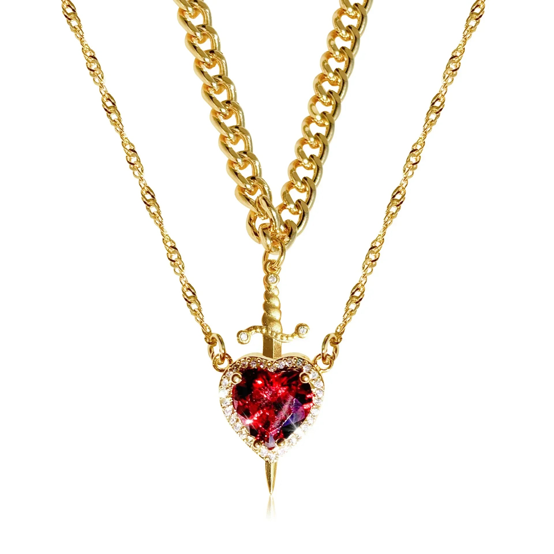 White background golden heart and sword pendant