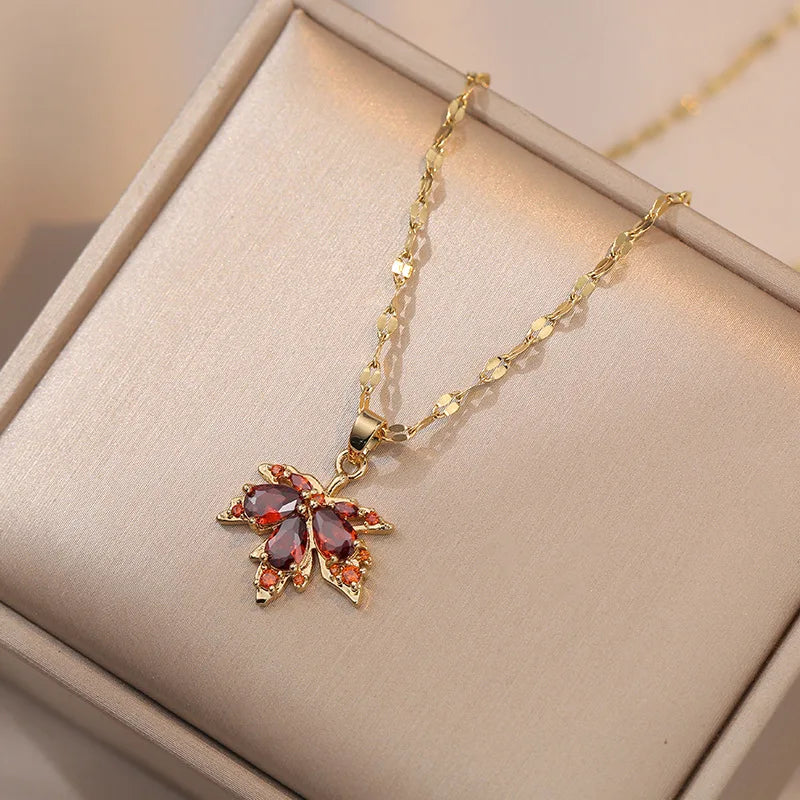 Micro-Inlaid Zircon Leaf Necklace For Women Stainless Steel