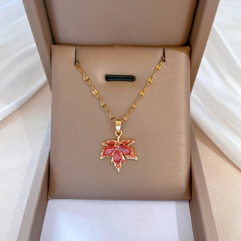 Micro-Inlaid Zircon Leaf Necklace For Women Stainless Steel