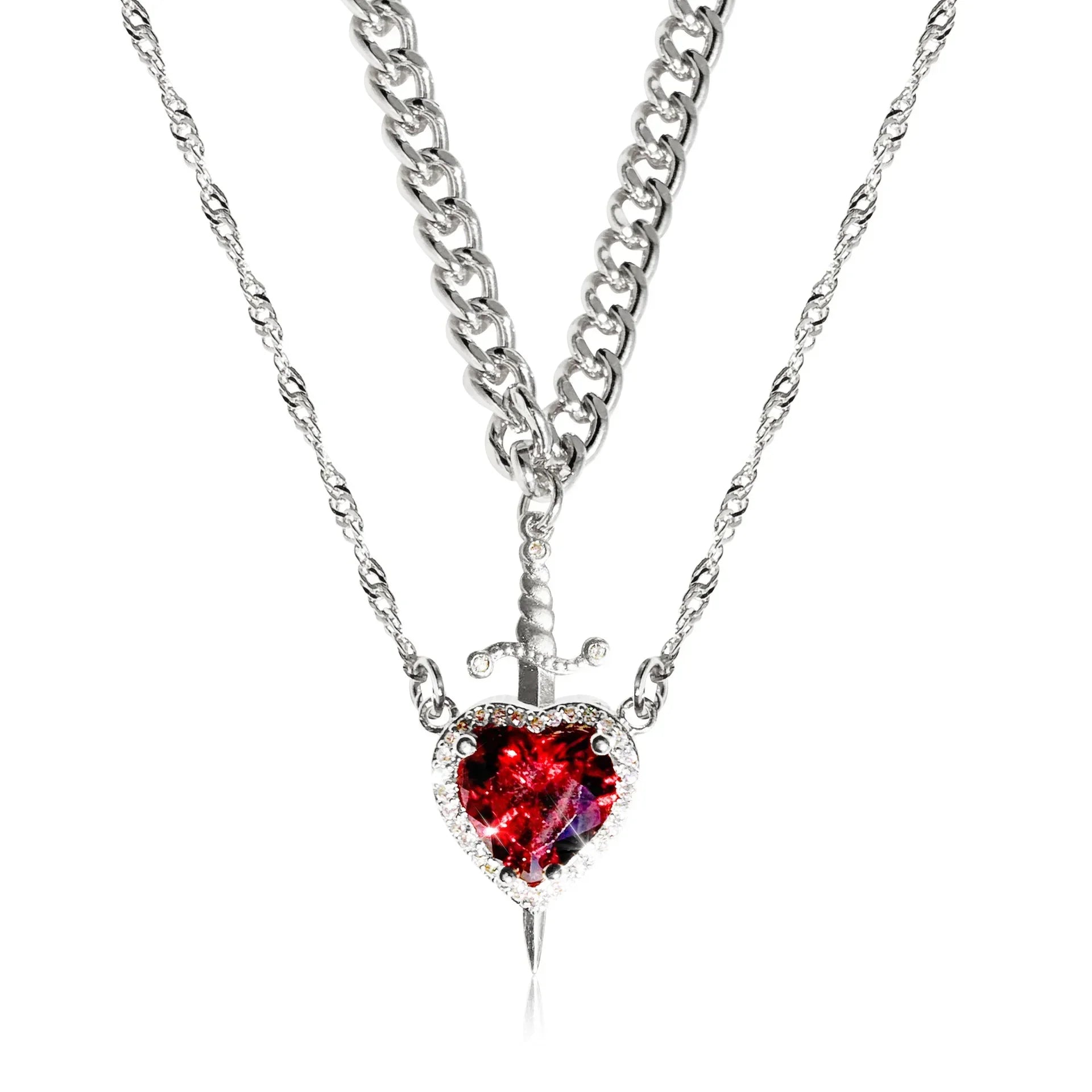 White background silver sword and ruby heart pendant
